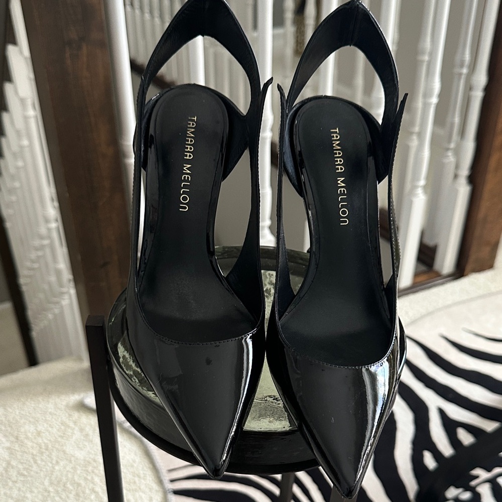 Tamara Mellon Black Patent Pointed Slingback Heels